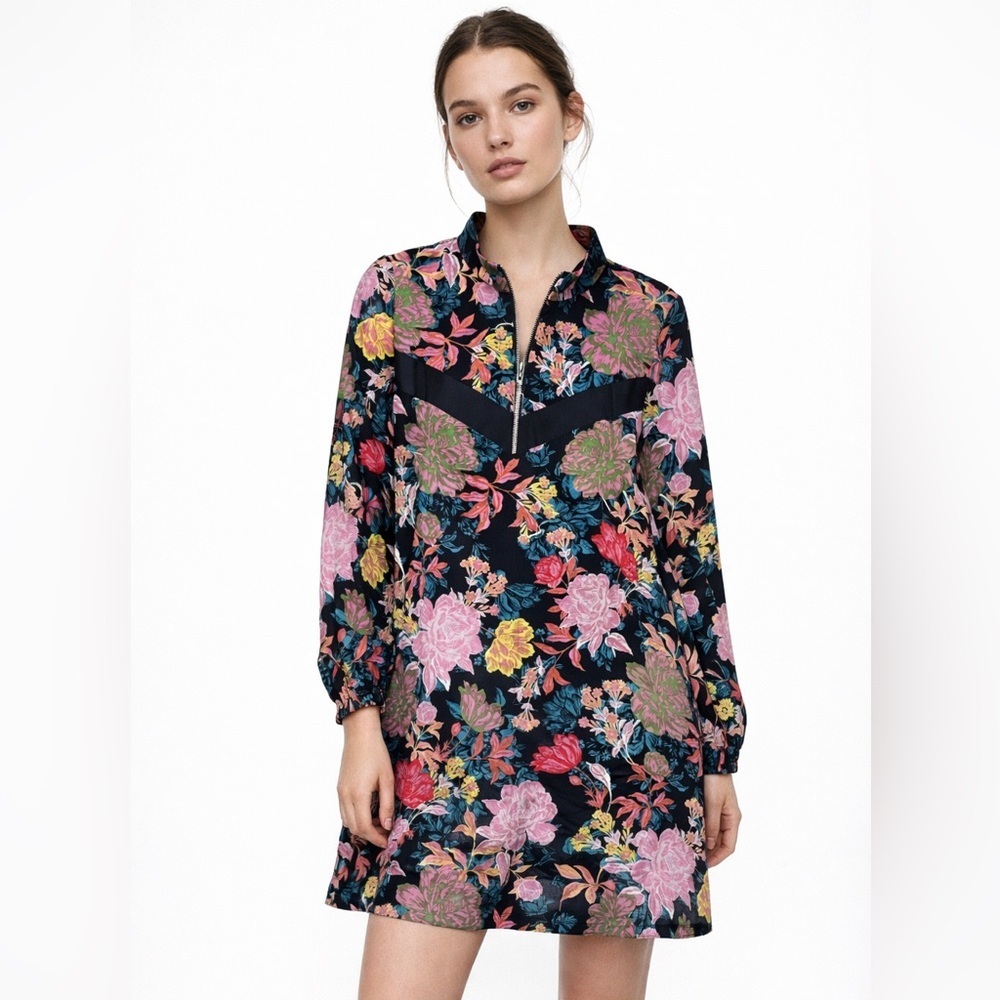 Zara TRF Collection Floral Zip Front Dress Long Sleeve Size S
